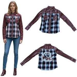 Vintage Rebel Dark Red Black Plaid Whip Stitch Band Pearl Snap Button Up Shirt